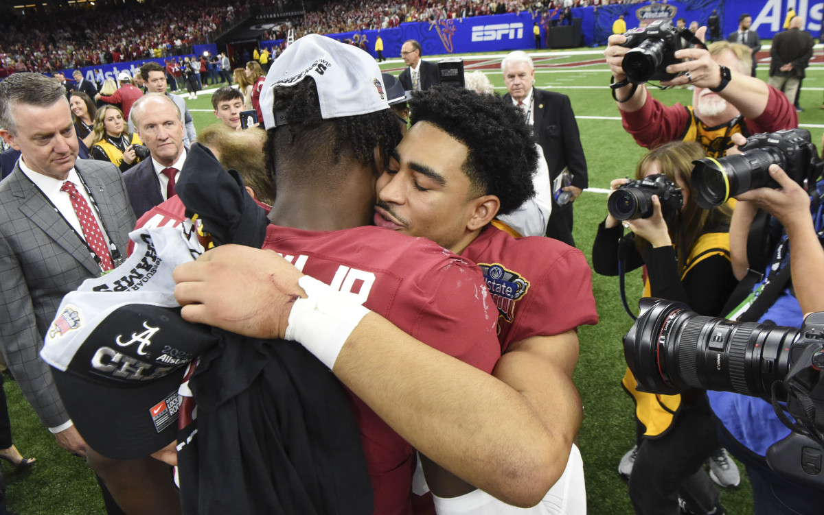Alabama quarterback Bryce Young (9) hugs Alabama linebacker Will Anderson Jr. (31) after the 2022 Sugar Bowl at Caesars Superdome. Alabama defeated Kansas State, 45-20. Both players opted to play in the game, the last of their college careers.